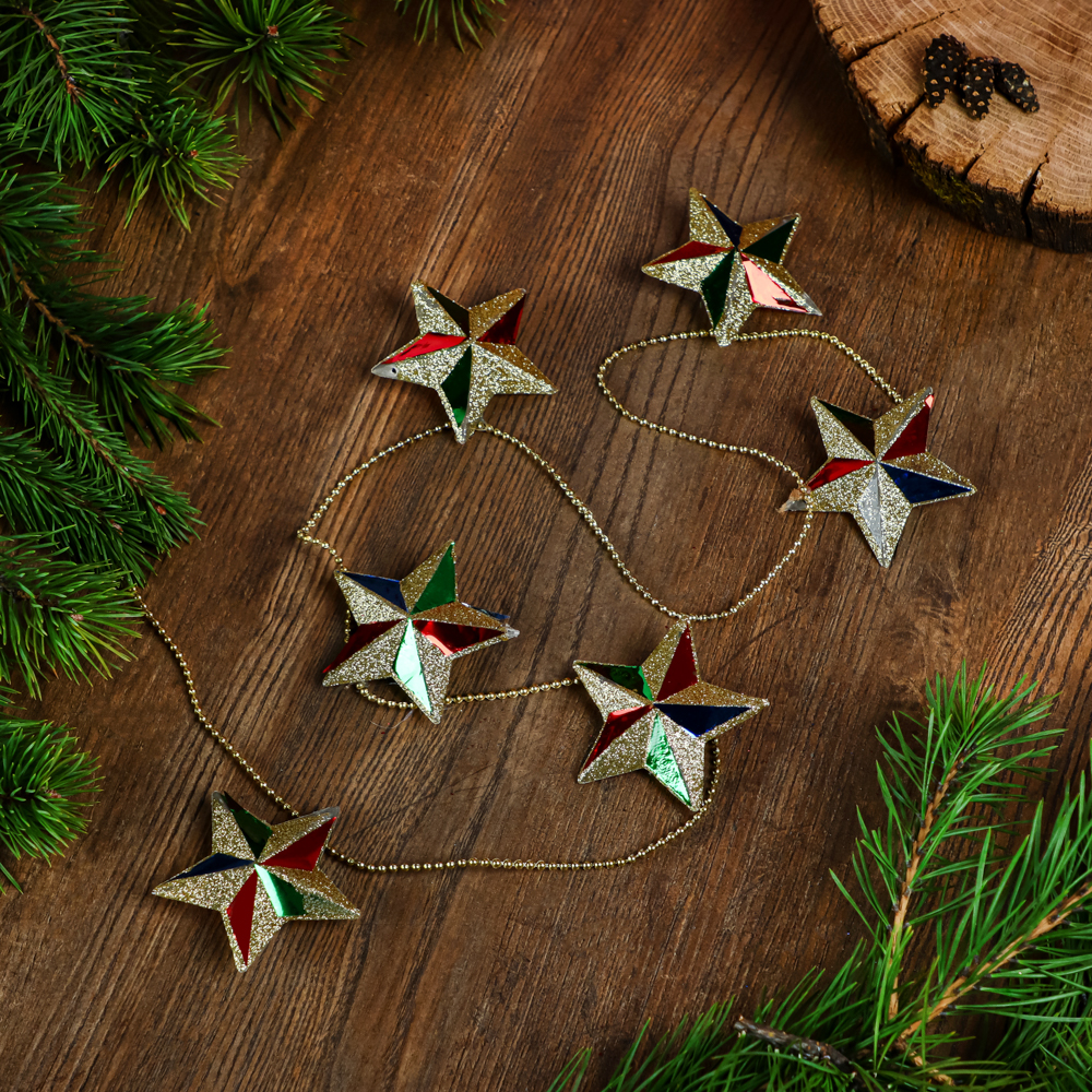 Бусы декоративные со звездами, пластик, 100 см, красный/золотой/синий/зеленый СНОУ БУМ (24/144)