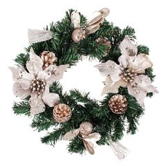 Венок Рождественский еловый с цветами и шишками, пластик,ПЭ, 30см, шампань с зол СНОУ БУМ (1/32)