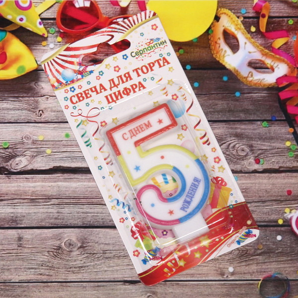 Свеча для торта Цифра День рождения "5" 6 см (12)