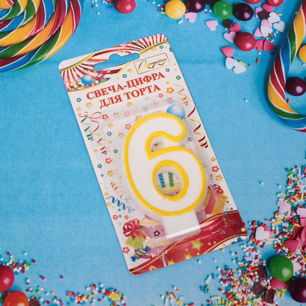 Свеча для торта Цифра Радость "6" 6*4 см, желтый (12)