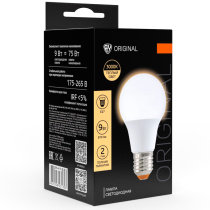 Лампа светодиодная A60 9 Вт, E27, 810 Лм, 3000 K, 175-265 В, Ra>80, IRF <5%,IC, 2 года гар.(10/10/10